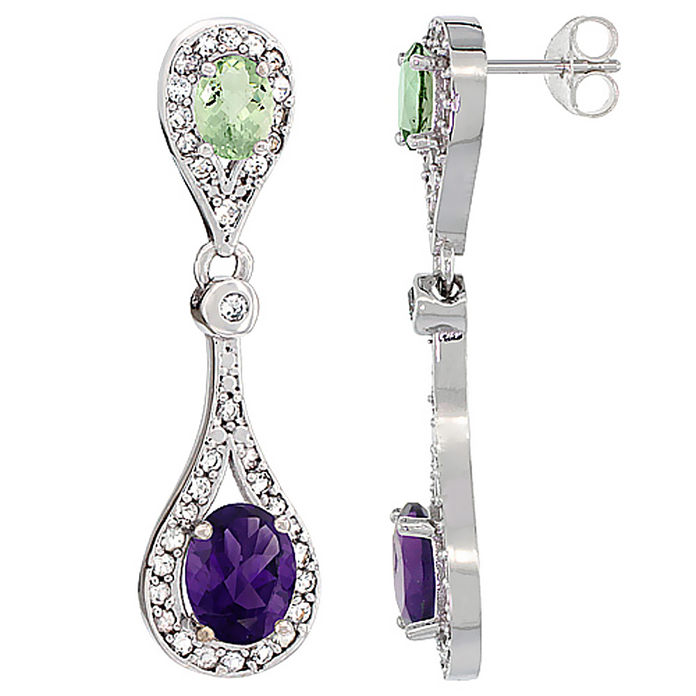 14K WHITE GOLD NATURAL AMETHYST & GREEN AMETHYST OVAL DANGLING EARRINGS WHITE SAPPHIRE & DIAMOND ACCENTS, 1 3/8 INCHES LONG