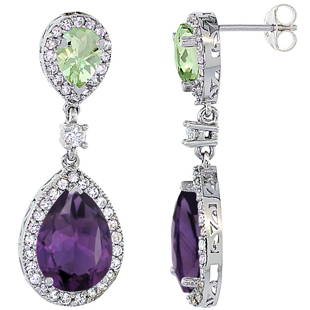 10K White Gold Natural Purple &amp; Green Amethysts Teardrop Earrings White Sapphire &amp; Diamond