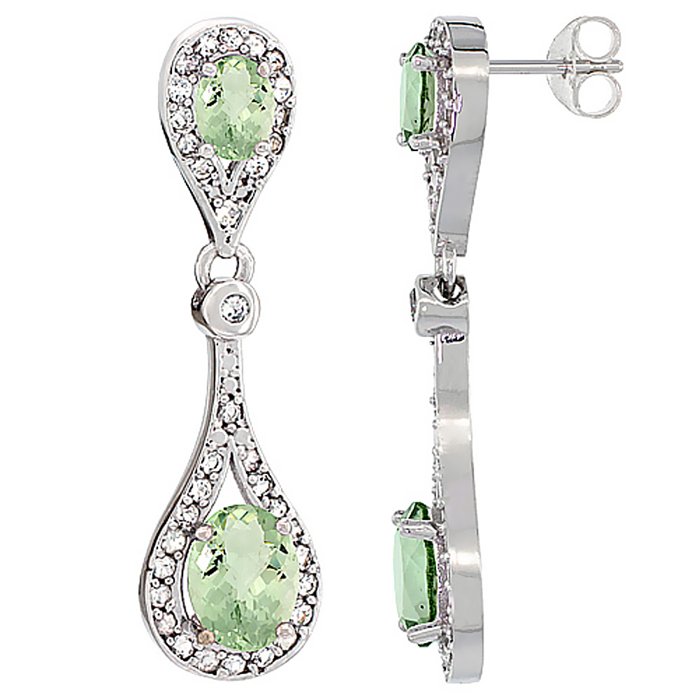 14K WHITE GOLD NATURAL GREEN AMETHYST OVAL DANGLING EARRINGS WHITE SAPPHIRE & DIAMOND ACCENTS, 1 3/8 INCHES LONG