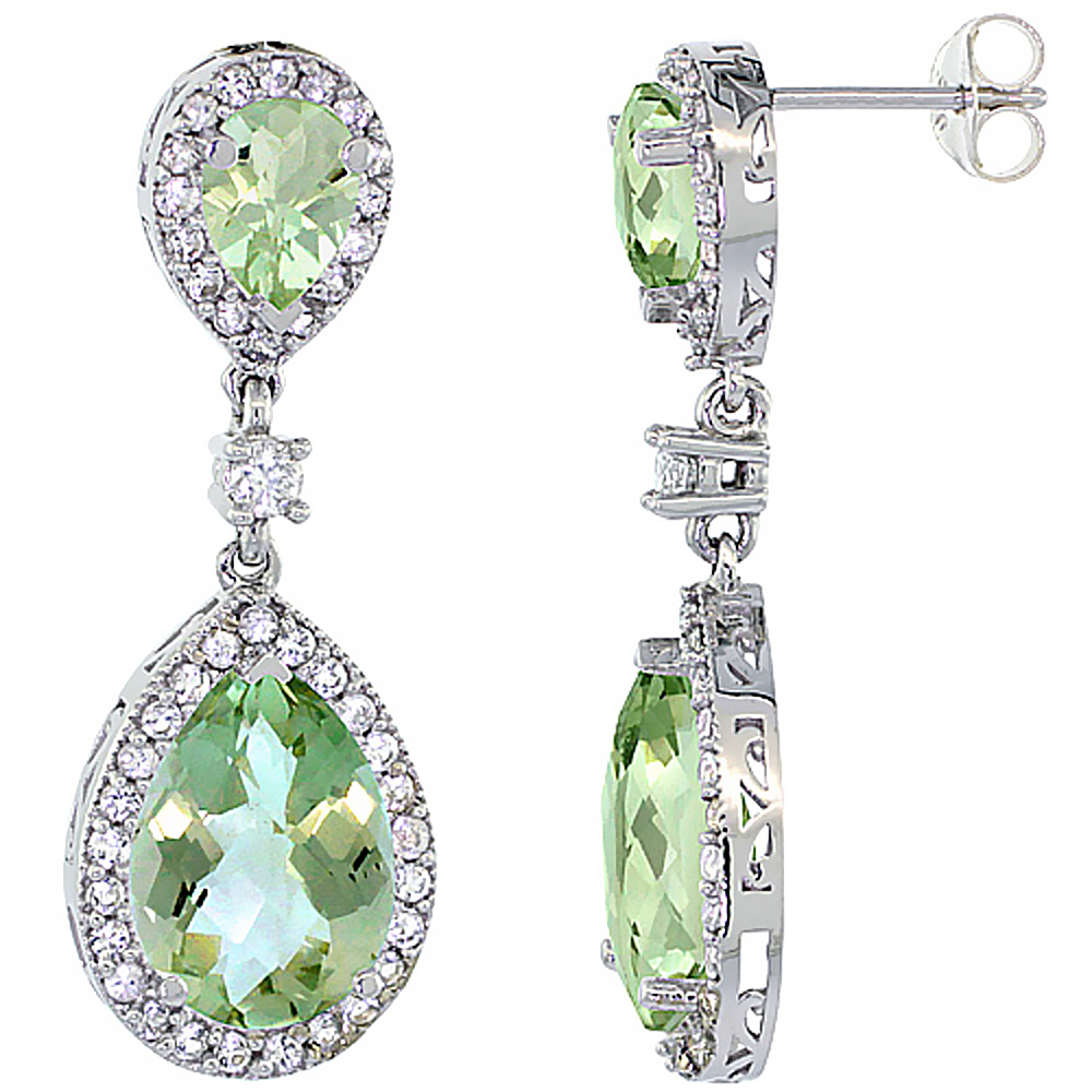 14K White Gold Natural Green Amethyst Teardrop Earrings White Sapphire &amp; Diamond