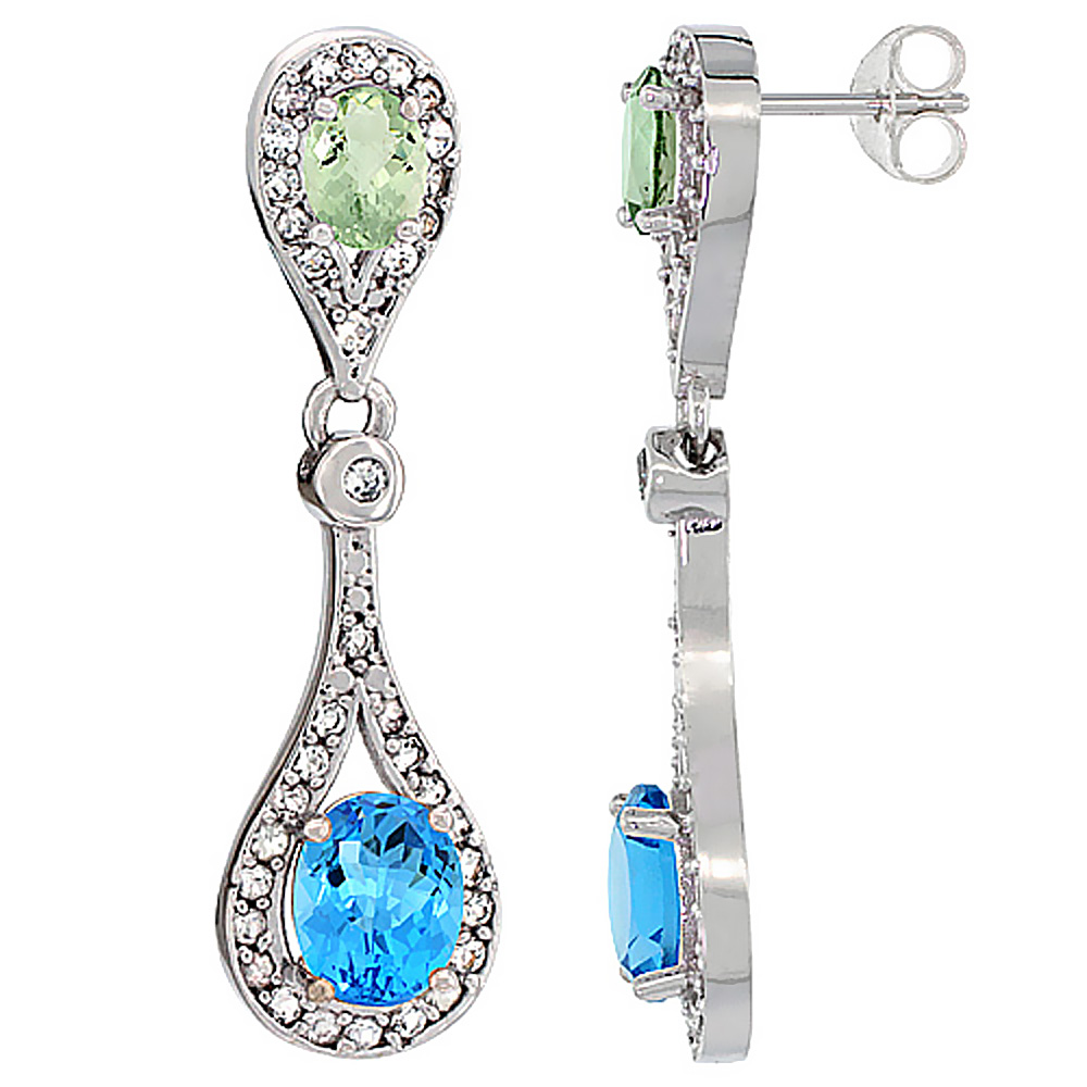 14K WHITE GOLD NATURAL SWISS BLUE TOPAZ & GREEN AMETHYST OVAL DANGLING EARRINGS WHITE SAPPHIRE & DIAMOND ACCENTS, 1 3/8 INCHES LONG