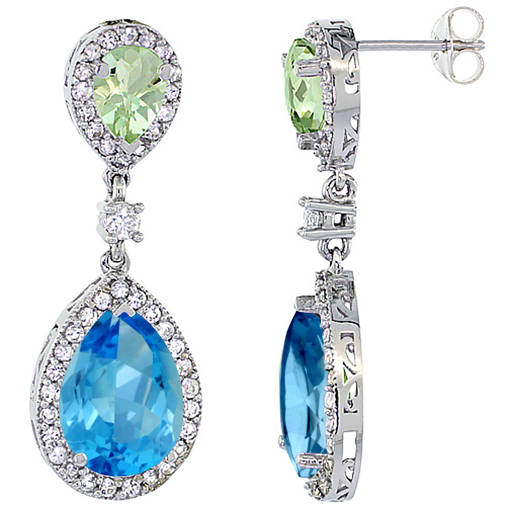 14K White Gold Natural Swiss Blue Topaz &amp; Green Amethyst Teardrop Earrings White Sapphire &amp; Diamond