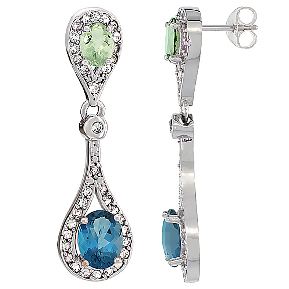 14K WHITE GOLD NATURAL LONDON BLUE TOPAZ & GREEN AMETHYST OVAL DANGLING EARRINGS WHITE SAPPHIRE & DIAMOND ACCENTS, 1 3/8 INCHES LONG