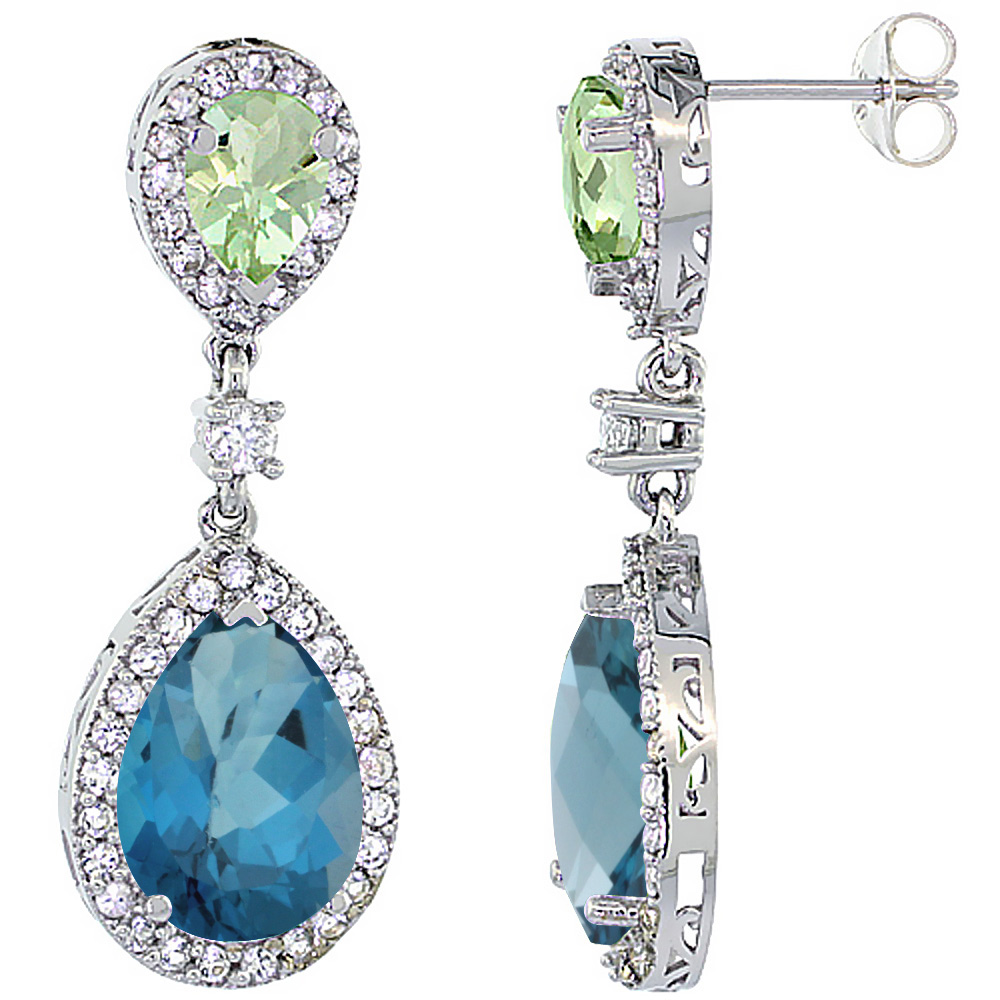 14K White Gold Natural London Blue Topaz &amp; Green Amethyst Teardrop Earrings White Sapphire &amp; Diamond