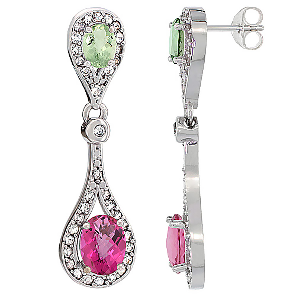 14K WHITE GOLD NATURAL PINK TOPAZ & GREEN AMETHYST OVAL DANGLING EARRINGS WHITE SAPPHIRE & DIAMOND ACCENTS, 1 3/8 INCHES LONG