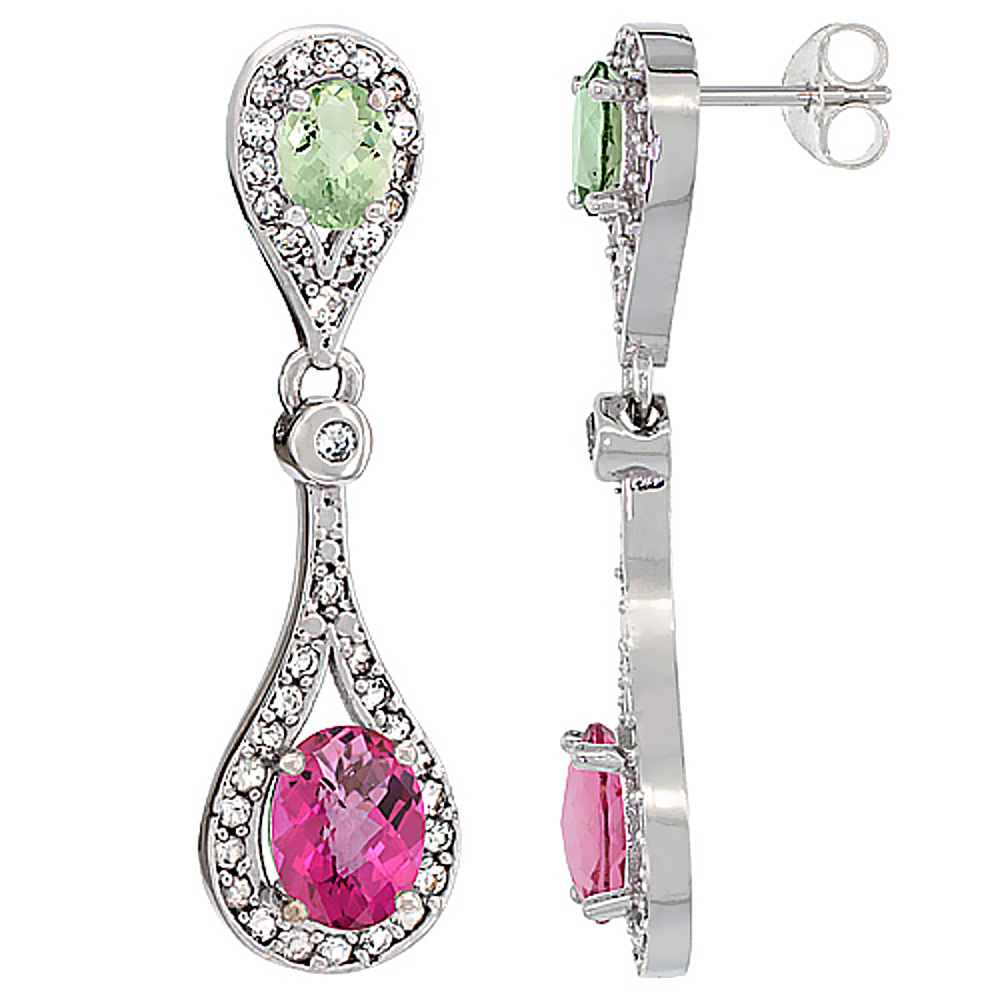 10K White Gold Natural Pink Topaz & Green Amethyst Oval Dangling Earrings White Sapphire & Diamond Accents, 1 3/8 inches long