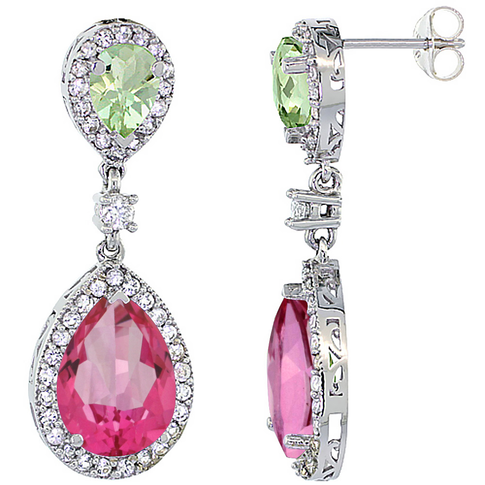 14K WHITE GOLD NATURAL PINK TOPAZ & GREEN AMETHYST TEARDROP EARRINGS WHITE SAPPHIRE & DIAMOND