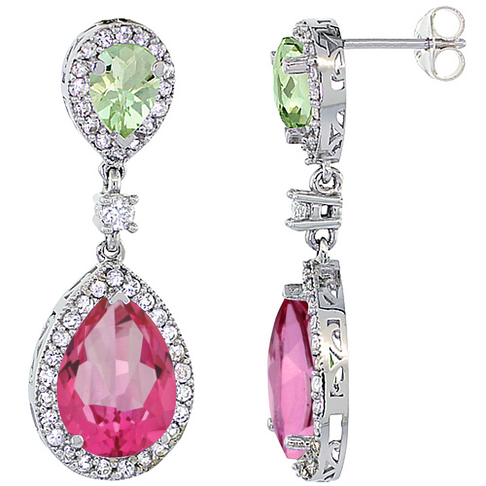 14K White Gold Natural Pink Topaz &amp; Green Amethyst Teardrop Earrings White Sapphire &amp; Diamond