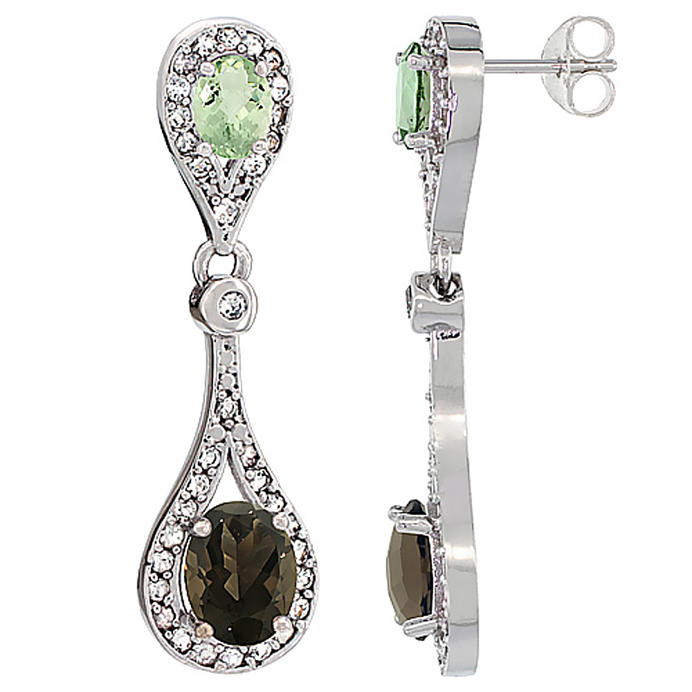 14K WHITE GOLD NATURAL SMOKY TOPAZ & GREEN AMETHYST OVAL DANGLING EARRINGS WHITE SAPPHIRE & DIAMOND ACCENTS, 1 3/8 INCHES LONG