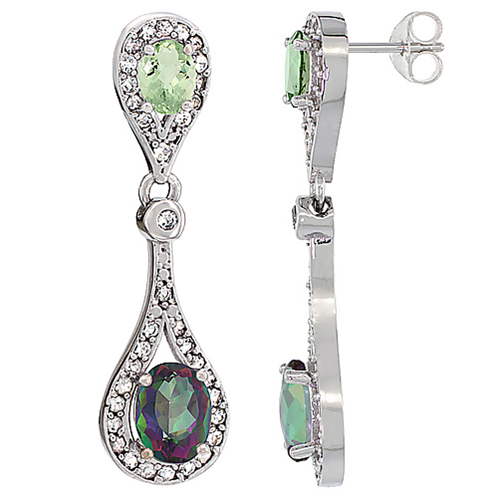 14K WHITE GOLD NATURAL MYSTIC TOPAZ & GREEN AMETHYST OVAL DANGLING EARRINGS WHITE SAPPHIRE & DIAMOND ACCENTS, 1 3/8 INCHES LONG