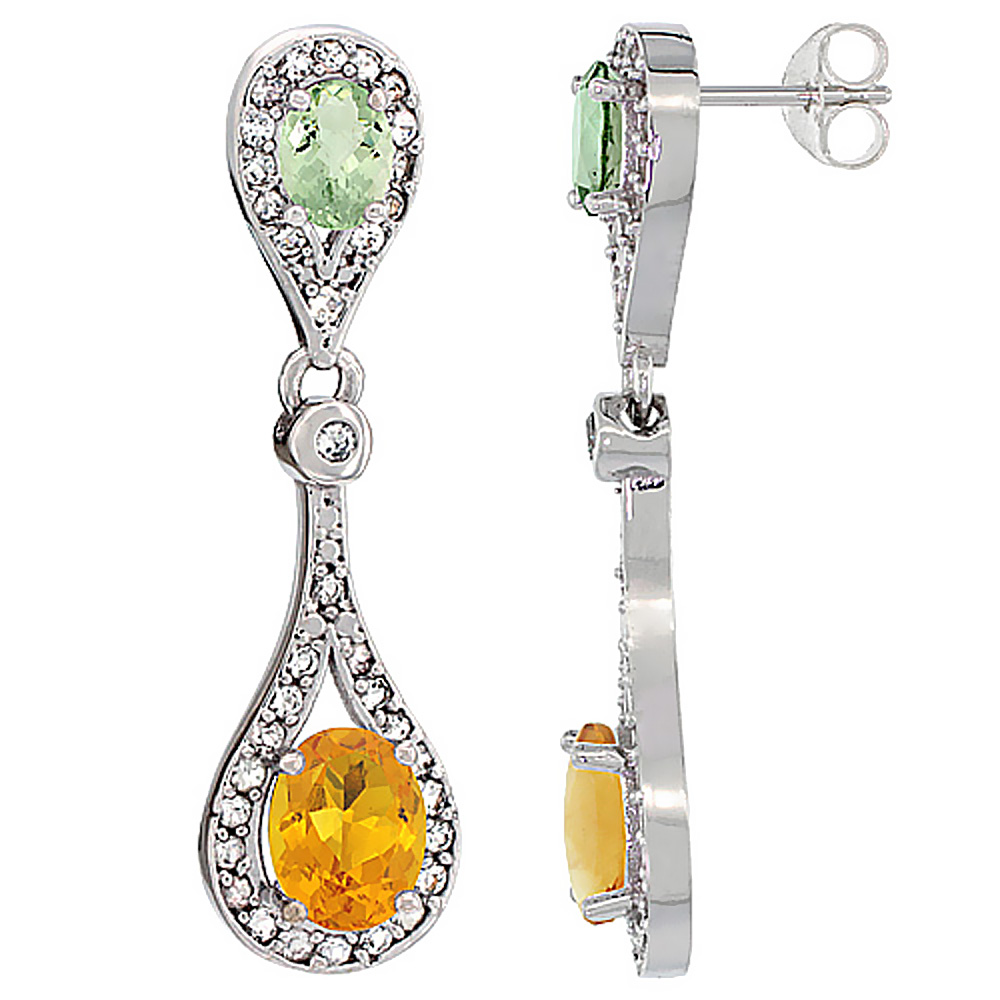 14K WHITE GOLD NATURAL CITRINE & GREEN AMETHYST OVAL DANGLING EARRINGS WHITE SAPPHIRE & DIAMOND ACCENTS, 1 3/8 INCHES LONG