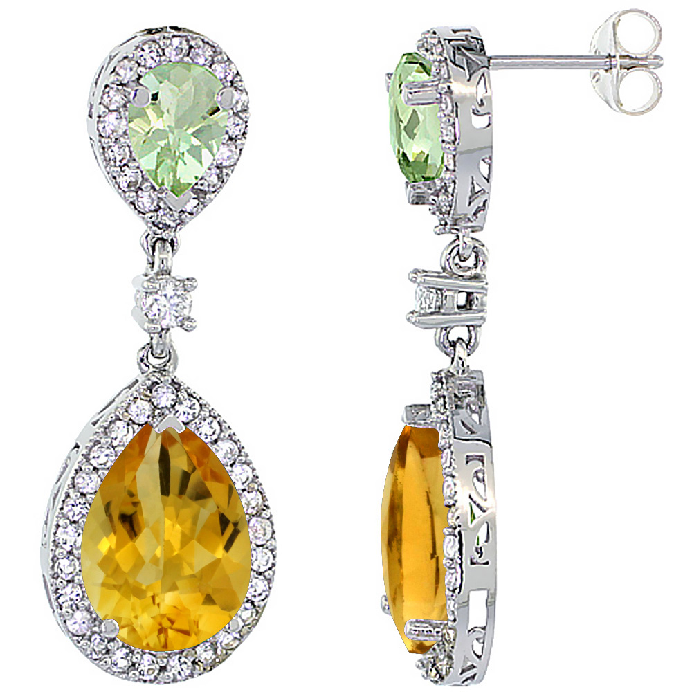 14K WHITE GOLD NATURAL CITRINE & GREEN AMETHYST TEARDROP EARRINGS WHITE SAPPHIRE & DIAMOND