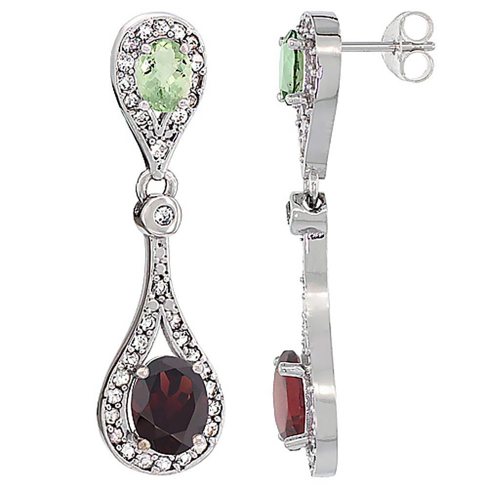 14K White Gold Natural Garnet &amp; Green Amethyst Oval Dangling Earrings White Sapphire &amp; Diamond Accents, 1 3/8 inches long