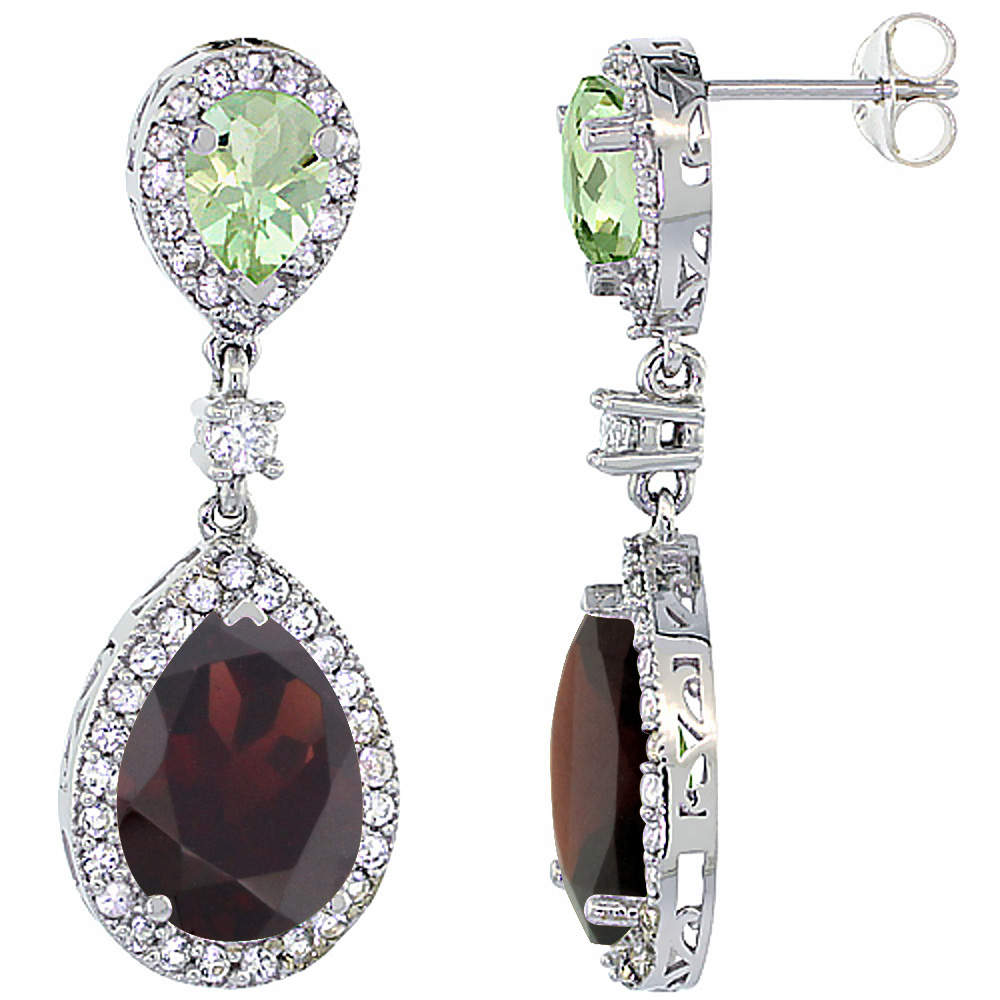 10K White Gold Natural Garnet &amp; Green Amethyst Teardrop Earrings White Sapphire &amp; Diamond