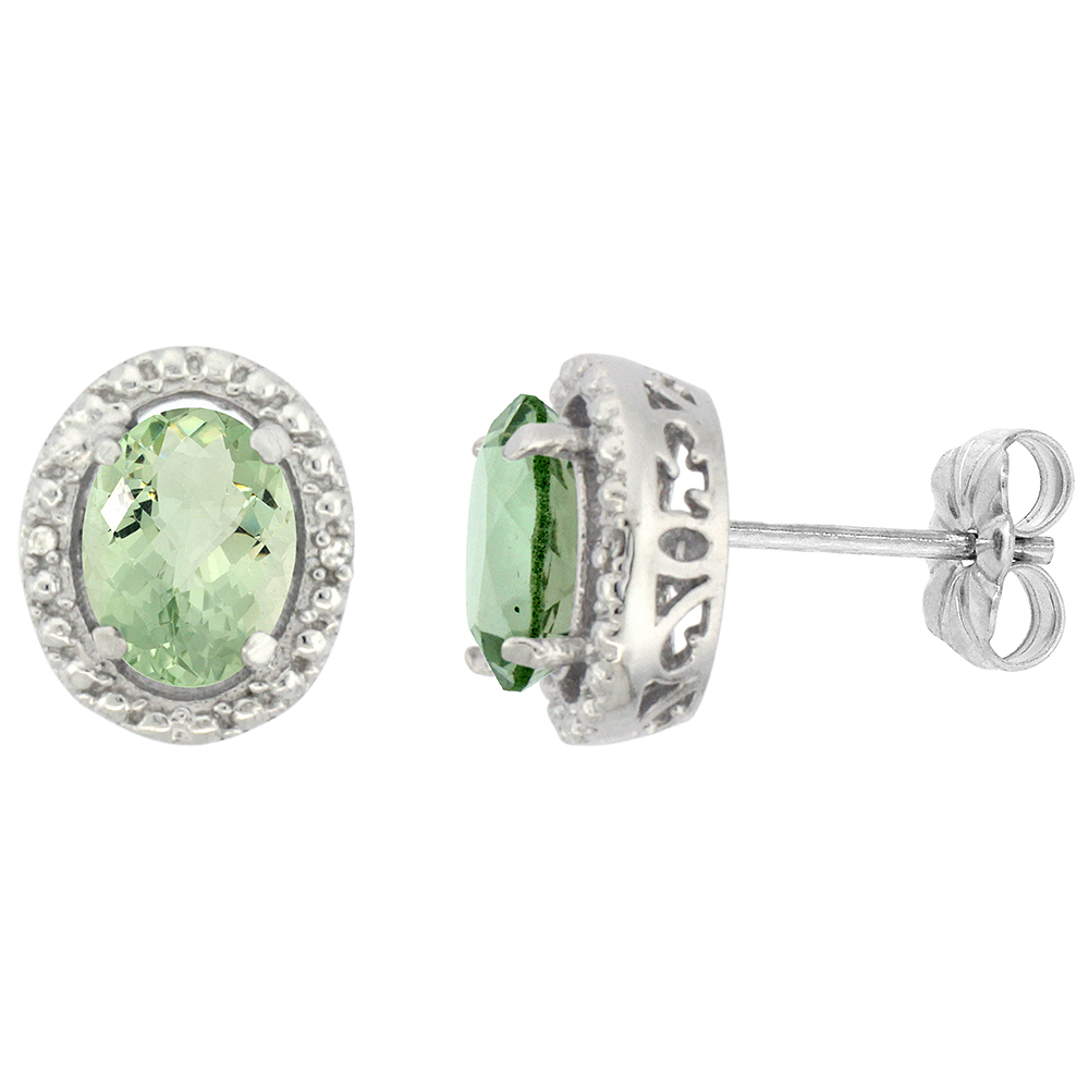 10K WHITE GOLD 0.01 CTTW DIAMOND NATURAL GREEN AMETHYST POST EARRINGS OVAL 7X5 MM