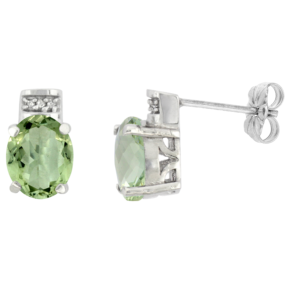 10K WHITE GOLD DIAMOND NATURAL GREEN AMETHYST EARRINGS OVAL 8X6 MM