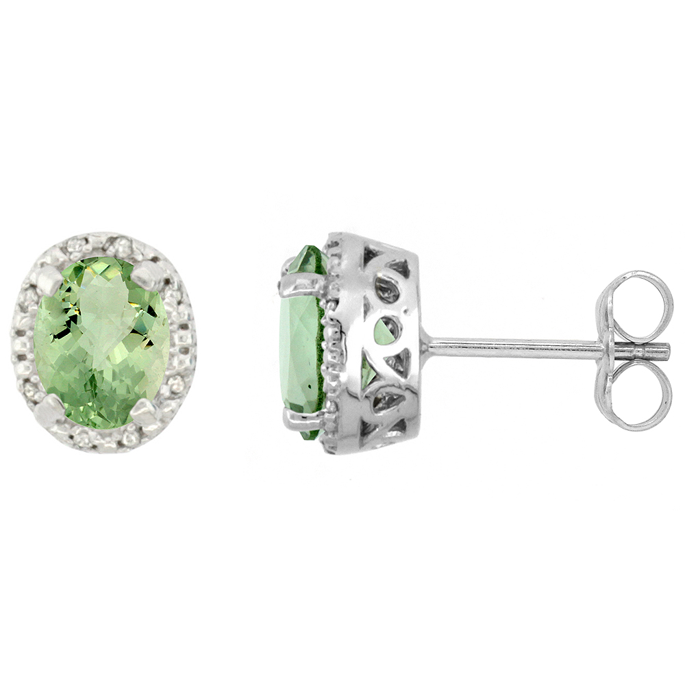 10K WHITE GOLD DIAMOND HALO NATURAL GREEN AMETHYST STUD EARRINGS OVAL 7X5 MM