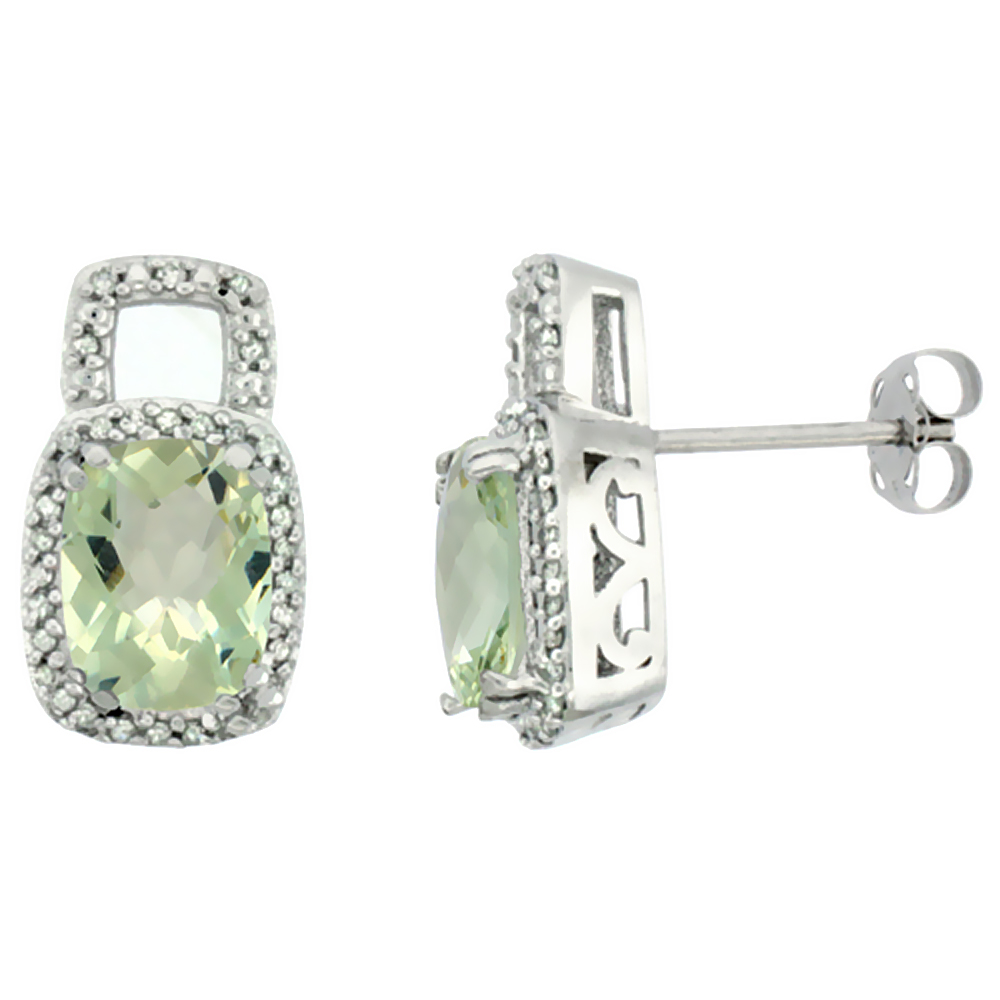 10K WHITE GOLD DIAMOND NATURAL GREEN AMETHYST EARRINGS OCTAGON CUSHION 8X6 MM