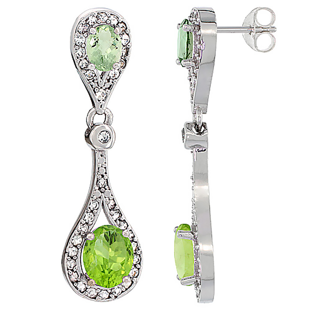 14K WHITE GOLD NATURAL PERIDOT & GREEN AMETHYST OVAL DANGLING EARRINGS WHITE SAPPHIRE & DIAMOND ACCENTS, 1 3/8 INCHES LONG