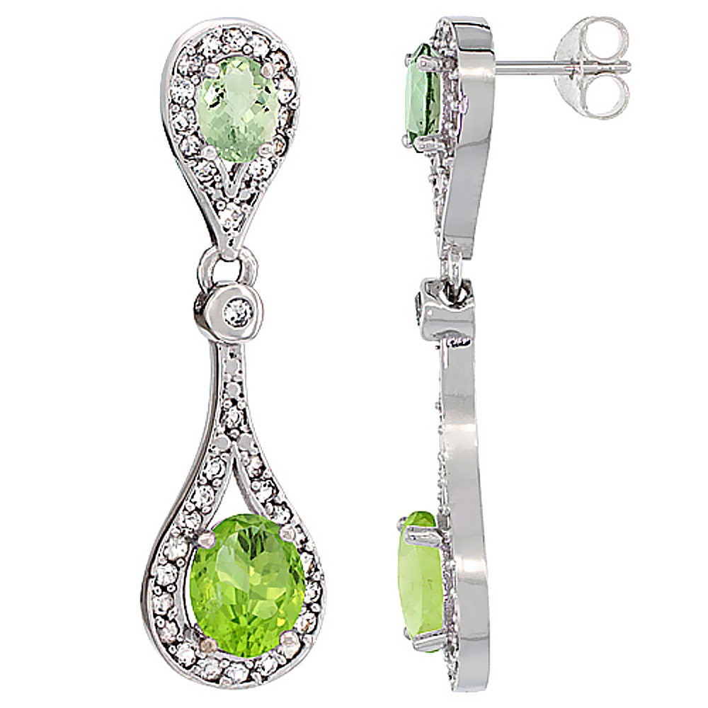 10K White Gold Natural Peridot & Green Amethyst Oval Dangling Earrings White Sapphire & Diamond Accents, 1 3/8 inches long