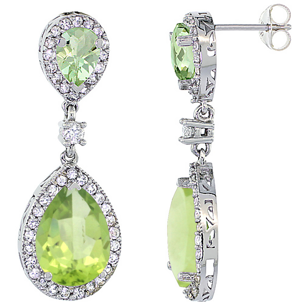 14K WHITE GOLD NATURAL PERIDOT & GREEN AMETHYST TEARDROP EARRINGS WHITE SAPPHIRE & DIAMOND