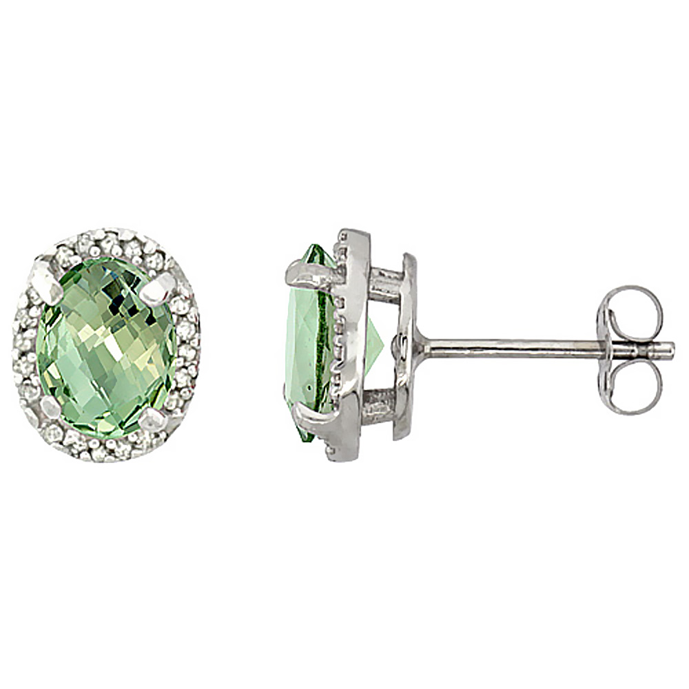 10K WHITE GOLD DIAMOND NATURAL GREEN AMETHYST EARRINGS OVAL 7X5 MM