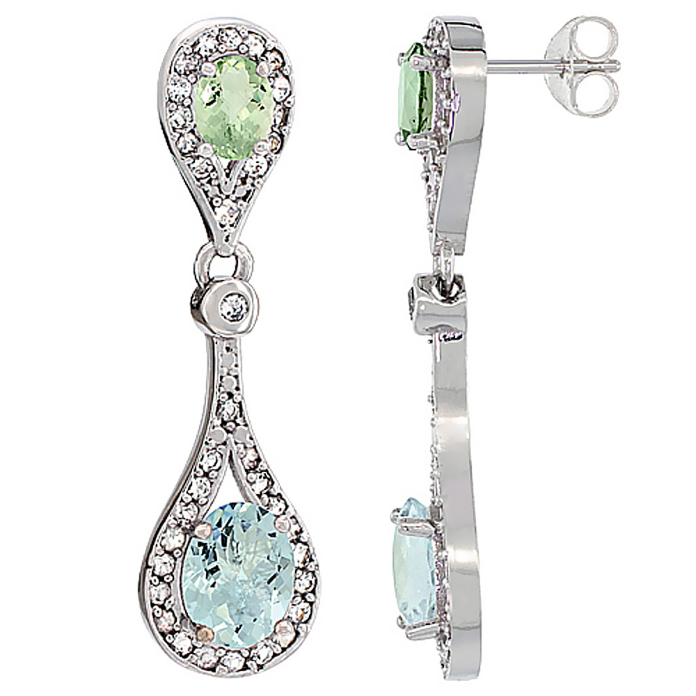 14K WHITE GOLD NATURAL AQUAMARINE & GREEN AMETHYST OVAL DANGLING EARRINGS WHITE SAPPHIRE & DIAMOND ACCENTS, 1 3/8 INCHES LONG