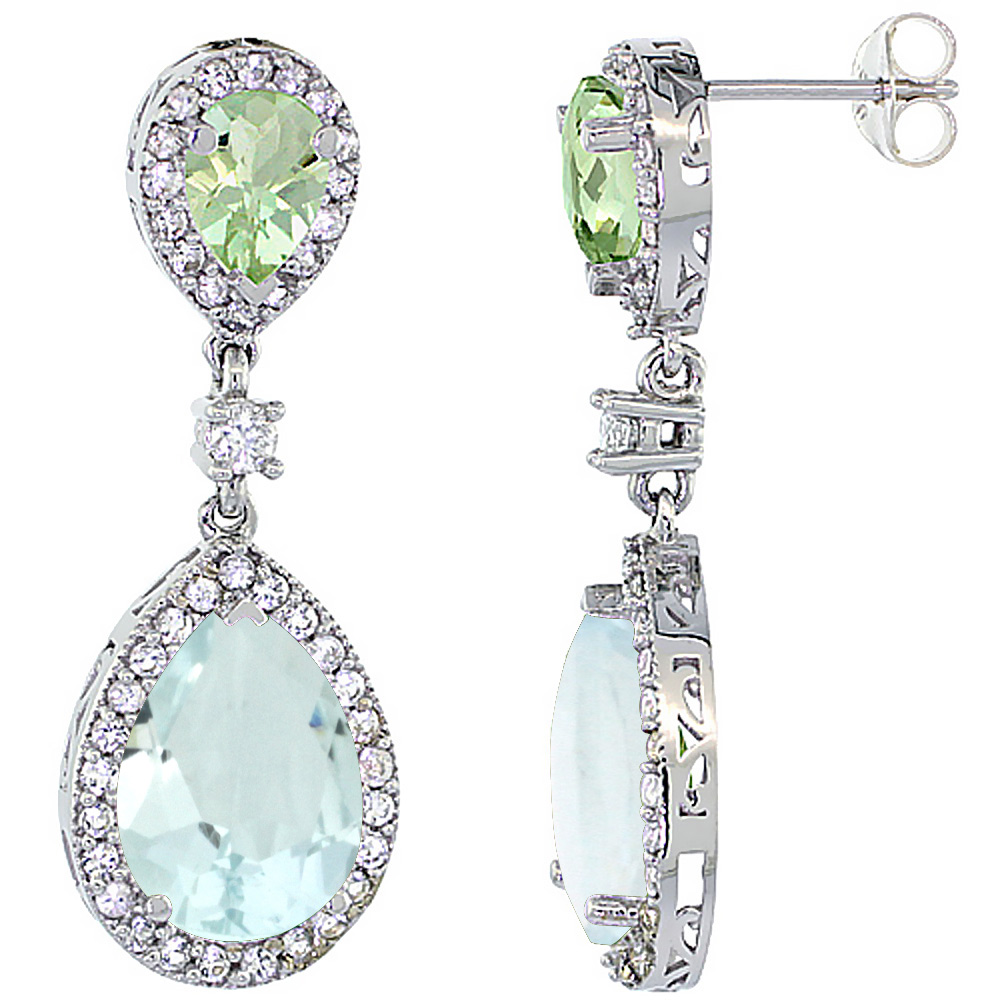 14K White Gold Natural Aquamarine & Green Amethyst Teardrop Earrings White Sapphire & Diamond