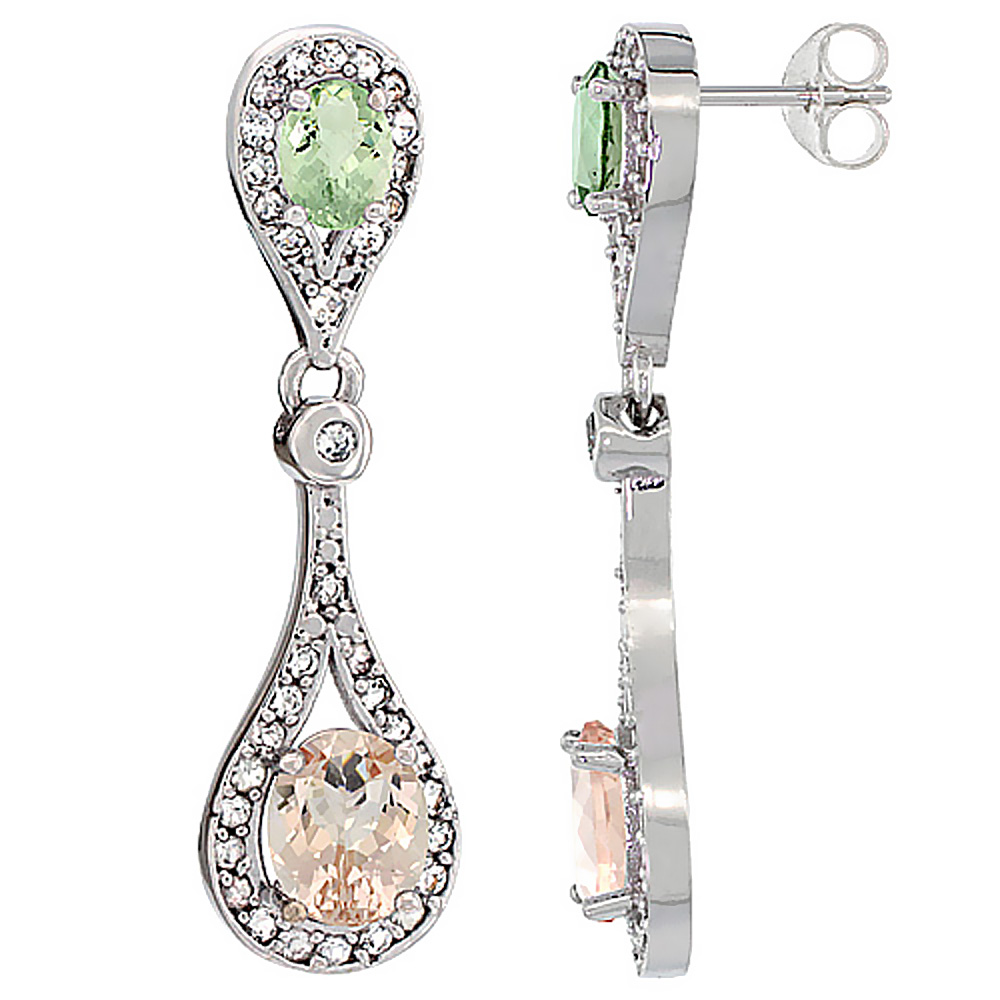 10K White Gold Natural Morganite &amp; Green Amethyst Oval Dangling Earrings White Sapphire &amp; Diamond Accents, 1 3/8 inches long