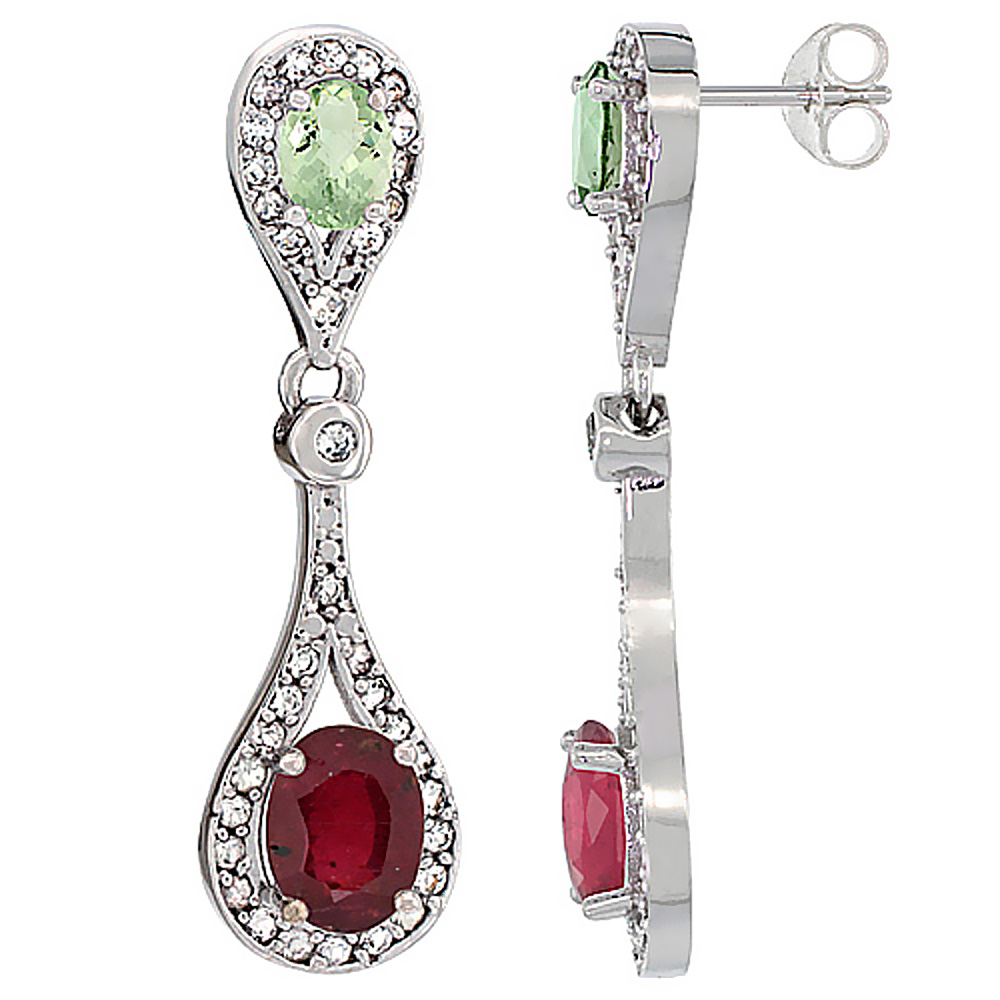 14K WHITE GOLD ENHANCED RUBY & GREEN AMETHYST OVAL DANGLING EARRINGS WHITE SAPPHIRE & DIAMOND ACCENTS, 1 3/8 INCHES LONG