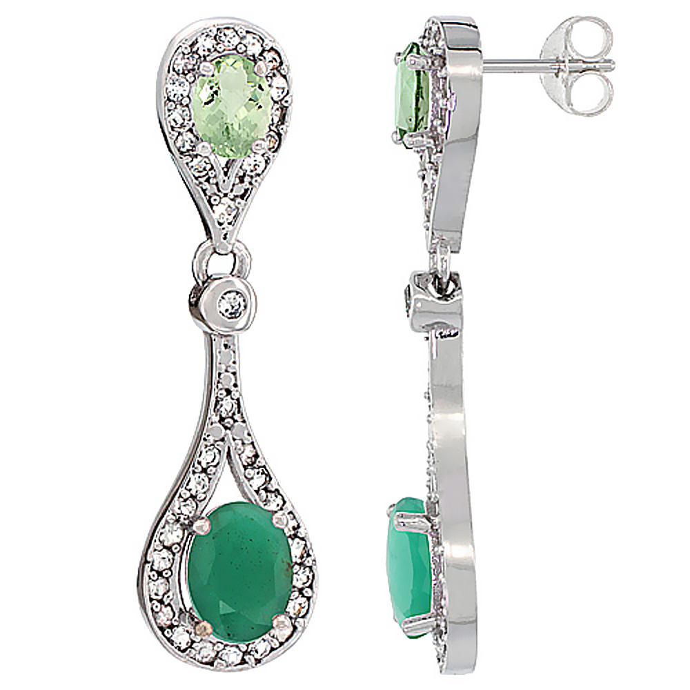 14K White Gold Natural Emerald & Green Amethyst Oval Dangling Earrings White Sapphire & Diamond Accents, 1 3/8 inches long
