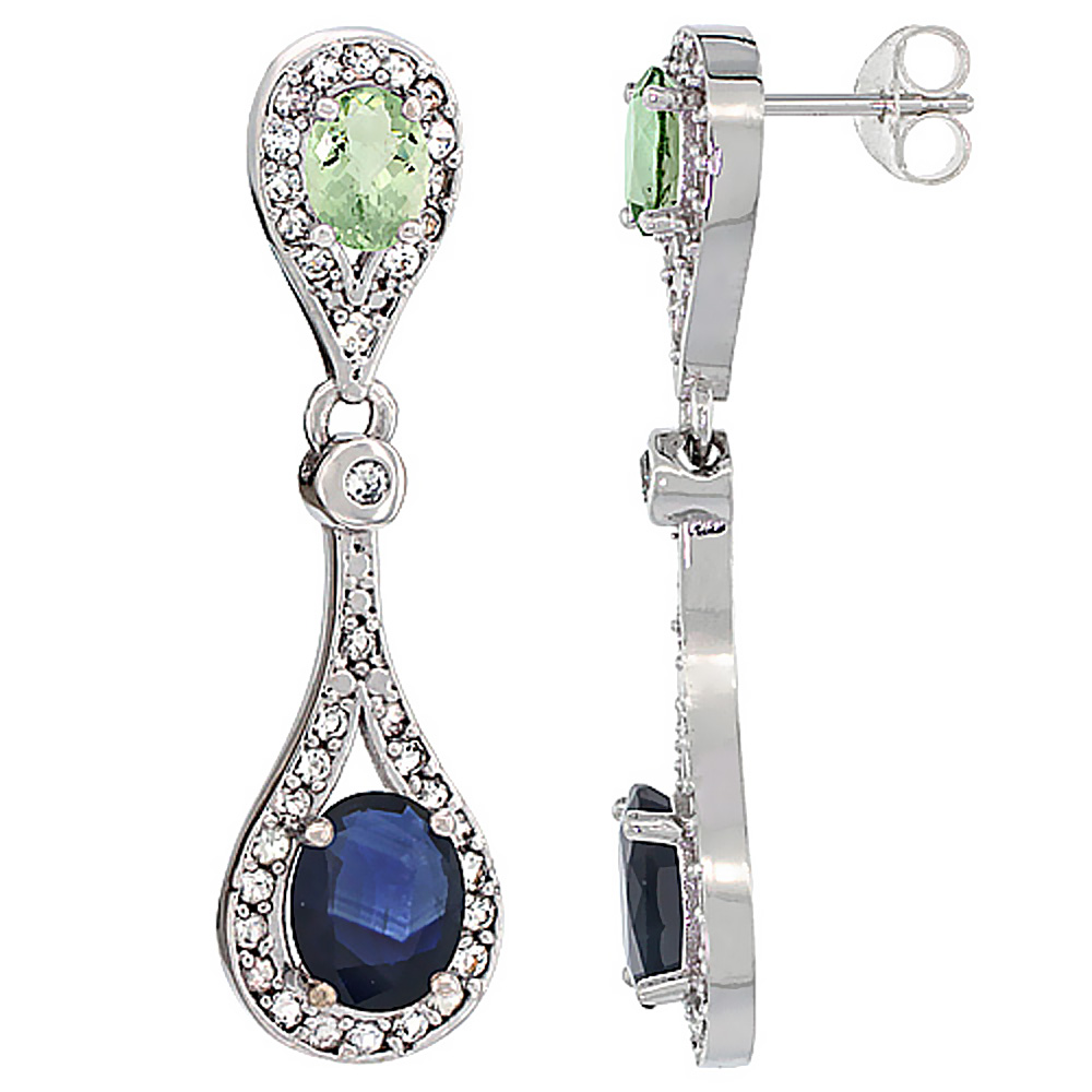 14K WHITE GOLD NATURAL BLUE SAPPHIRE & GREEN AMETHYST OVAL DANGLING EARRINGS WHITE SAPPHIRE & DIAMOND ACCENTS, 1 3/8 INCHES LONG