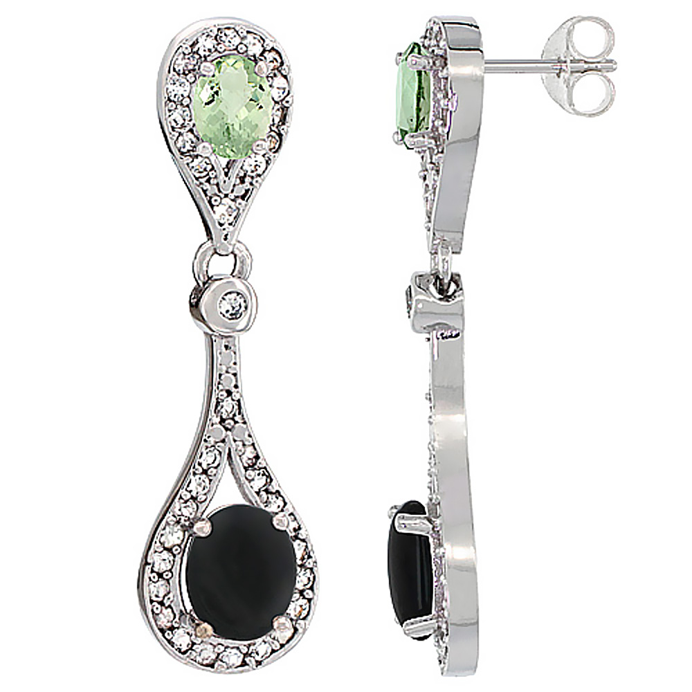 14K White Gold Natural Black Onyx & Green Amethyst Oval Dangling Earrings White Sapphire & Diamond Accents, 1 3/8 inches long