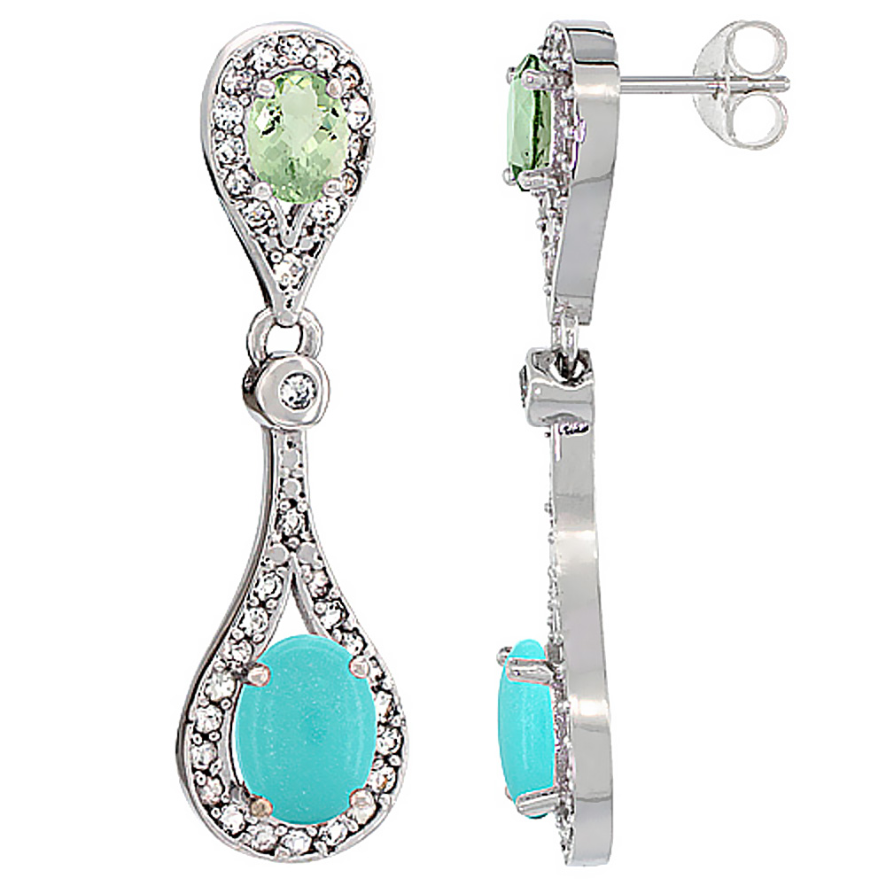 10K White Gold Natural Turquoise & Green Amethyst Oval Dangling Earrings White Sapphire & Diamond Accents, 1 3/8 inches long