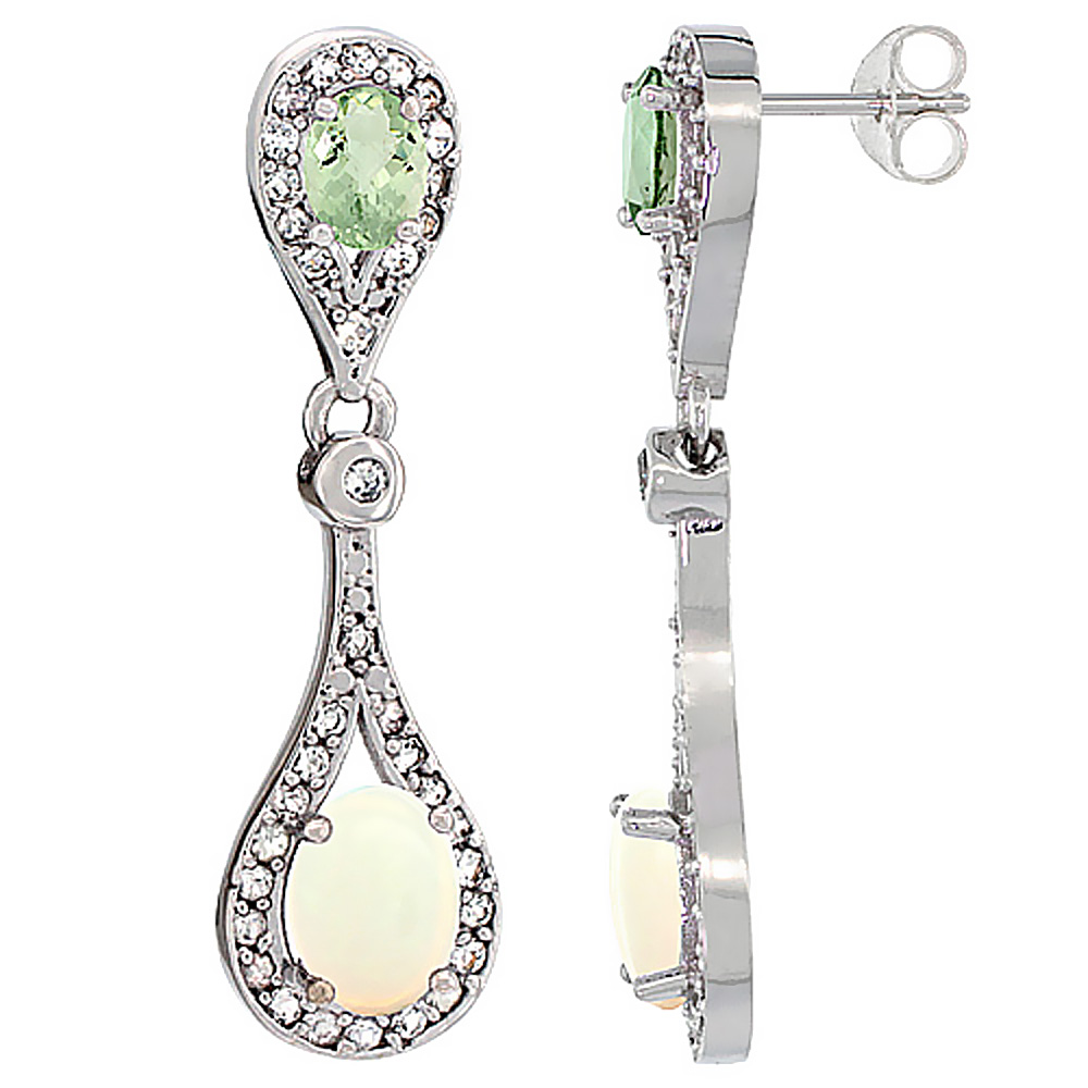 14K White Gold Natural Opal & Green Amethyst Oval Dangling Earrings White Sapphire & Diamond Accents, 1 3/8 inches long