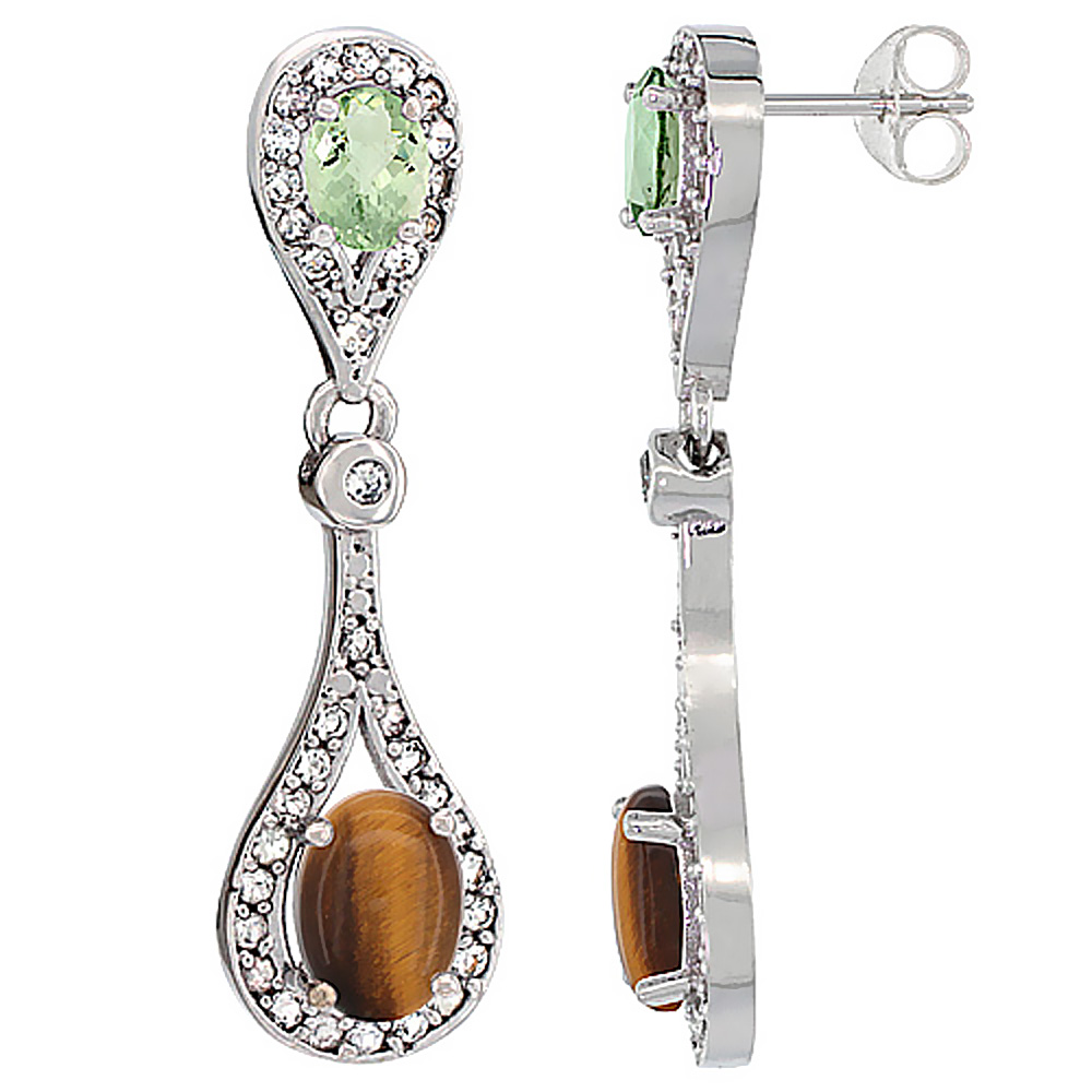 14K WHITE GOLD NATURAL TIGER EYE & GREEN AMETHYST OVAL DANGLING EARRINGS WHITE SAPPHIRE & DIAMOND ACCENTS, 1 3/8 INCHES LONG