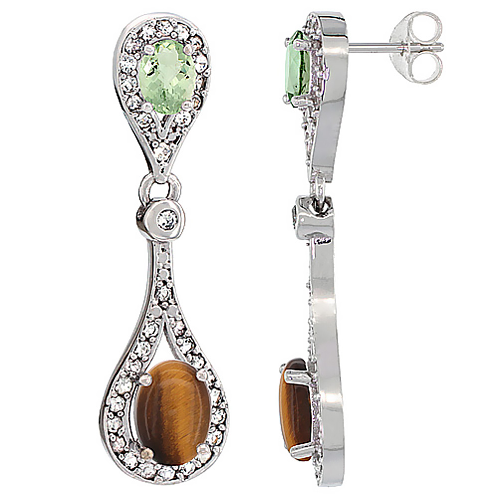 10K White Gold Natural Tiger Eye & Green Amethyst Oval Dangling Earrings White Sapphire & Diamond Accents, 1 3/8 inches long