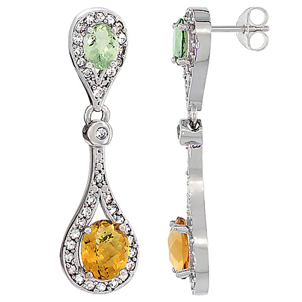 10K White Gold Natural Whisky Quartz & Green Amethyst Oval Dangling Earrings White Sapphire & Diamond Accents, 1 3/8 inches long