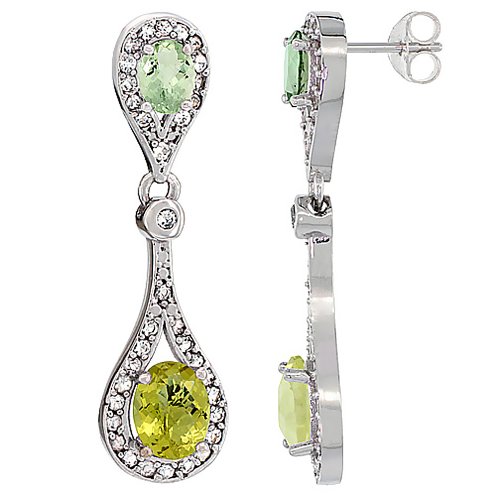 10K White Gold Natural Lemon Quartz &amp; Green Amethyst Oval Dangling Earrings White Sapphire &amp; Diamond Accents, 1 3/8 inches long