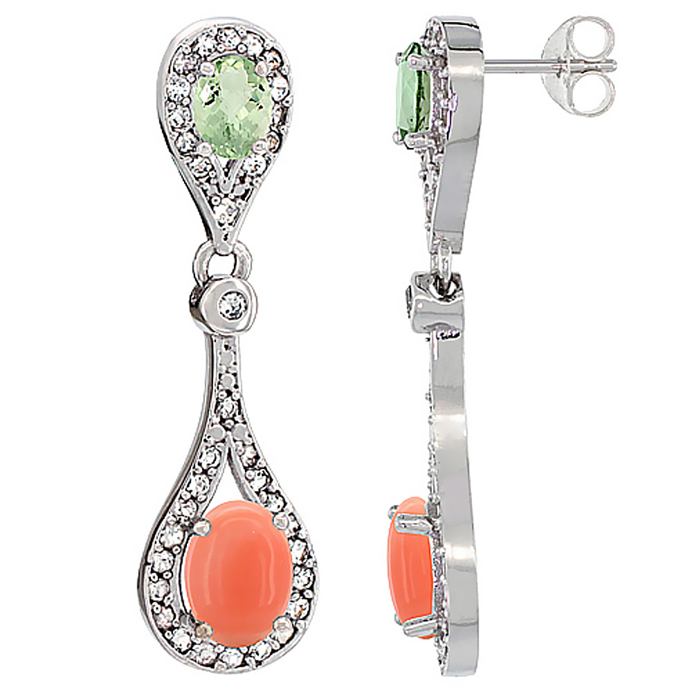 14K WHITE GOLD NATURAL CORAL & GREEN AMETHYST OVAL DANGLING EARRINGS WHITE SAPPHIRE & DIAMOND ACCENTS, 1 3/8 INCHES LONG