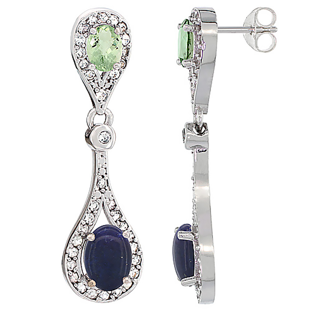 14K WHITE GOLD NATURAL LAPIS & GREEN AMETHYST OVAL DANGLING EARRINGS WHITE SAPPHIRE & DIAMOND ACCENTS, 1 3/8 INCHES LONG