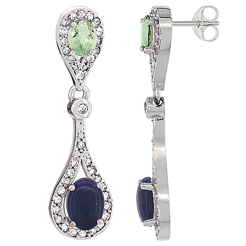 10K White Gold Natural Lapis & Green Amethyst Oval Dangling Earrings White Sapphire & Diamond Accents, 1 3/8 inches long