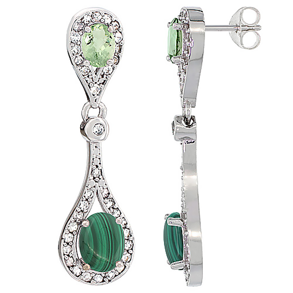 10K White Gold Natural Malachite & Green Amethyst Oval Dangling Earrings White Sapphire & Diamond Accents, 1 3/8 inches long
