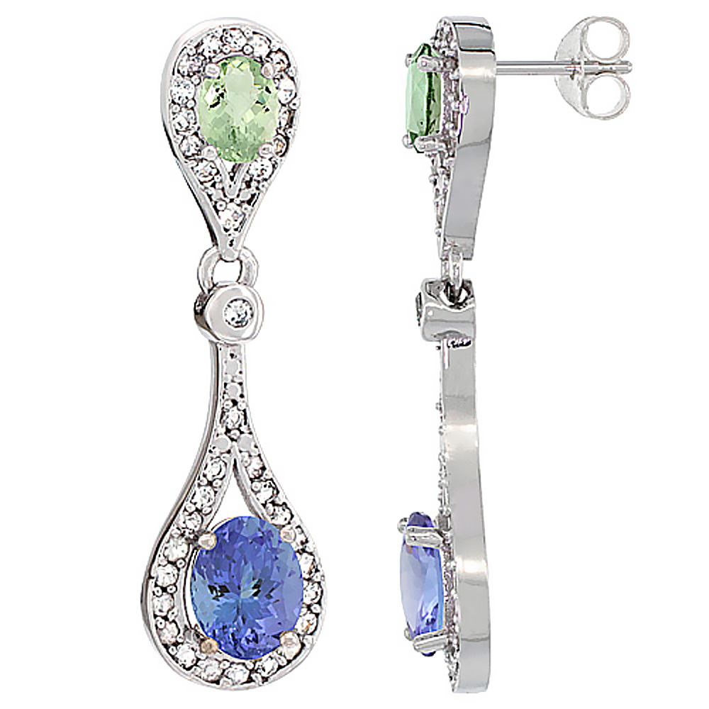 14K WHITE GOLD NATURAL TANZANITE & GREEN AMETHYST OVAL DANGLING EARRINGS WHITE SAPPHIRE & DIAMOND ACCENTS, 1 3/8 INCHES LONG