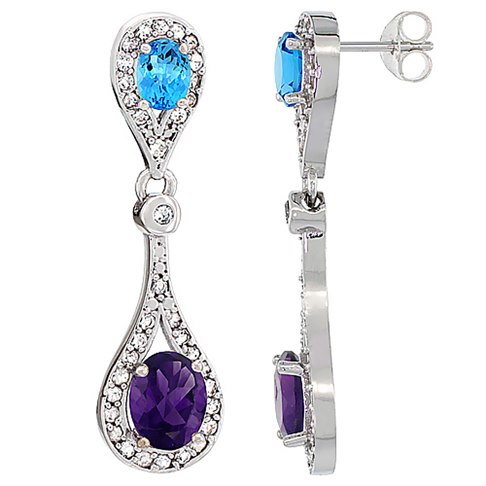 14K White Gold Natural Amethyst &amp; Swiss Blue Topaz Oval Dangling Earrings White Sapphire &amp; Diamond Accents, 1 3/8 inches long