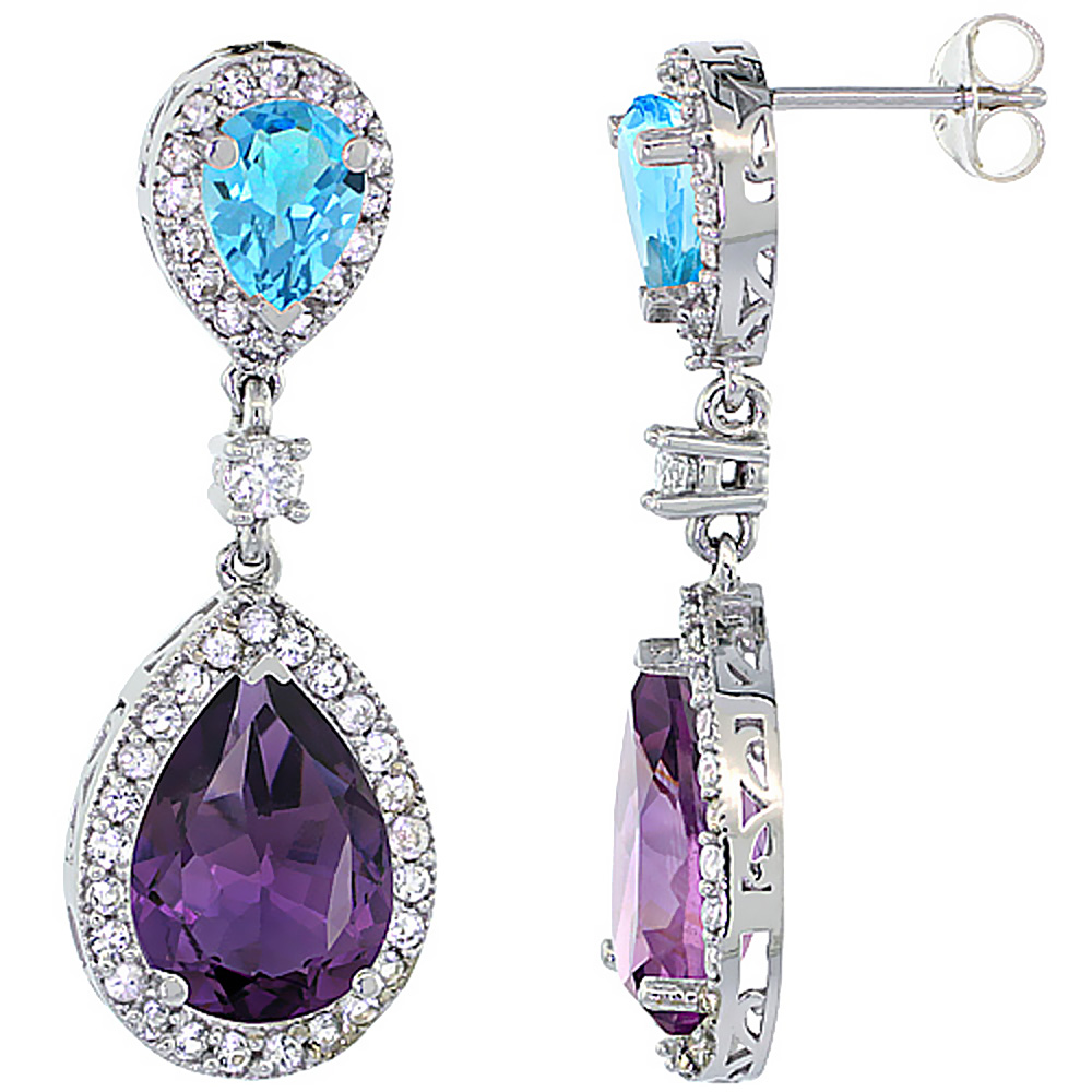 10K WHITE GOLD NATURAL AMETHYST & SWISS BLUE TOPAZ TEARDROP EARRINGS WHITE SAPPHIRE & DIAMOND
