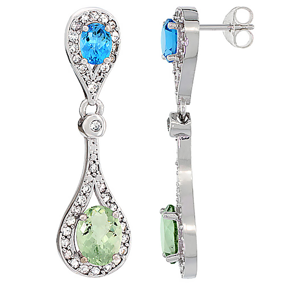 14K WHITE GOLD NATURAL GREEN AMETHYST & AMETHYST OVAL DANGLING EARRINGS WHITE SAPPHIRE & DIAMOND ACCENTS, 1 3/8 INCHES LONG