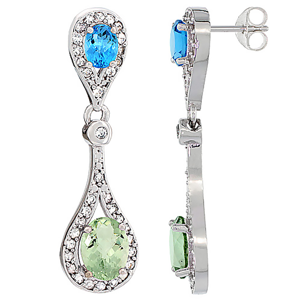 14K White Gold Natural Green Amethyst &amp; Amethyst Oval Dangling Earrings White Sapphire &amp; Diamond Accents, 1 3/8 inches long