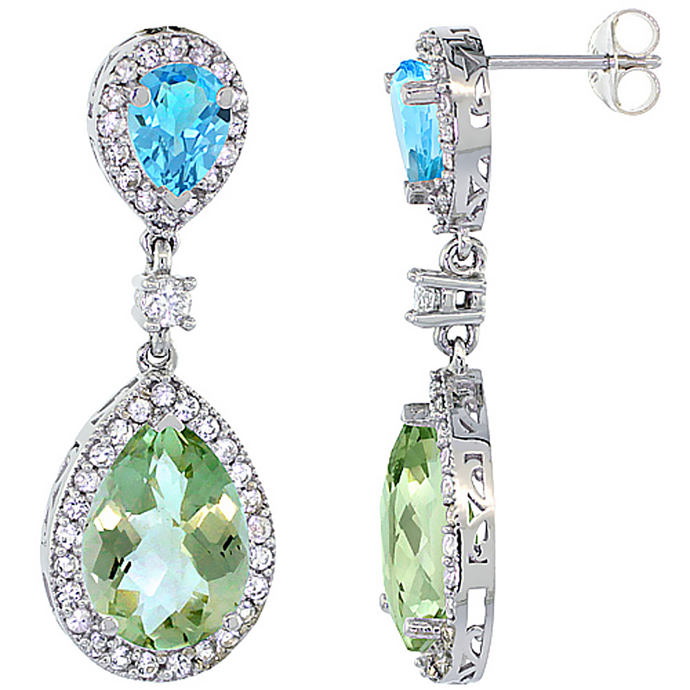 10K White Gold Natural Green Amethyst &amp; Swiss Blue Topaz Teardrop Earrings White Sapphire &amp; Diamond