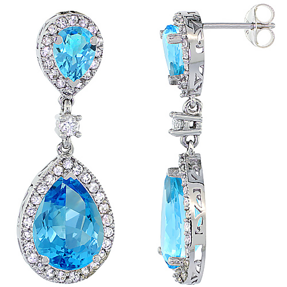 14K WHITE GOLD NATURAL SWISS BLUE TOPAZ TEARDROP EARRINGS WHITE SAPPHIRE & DIAMOND